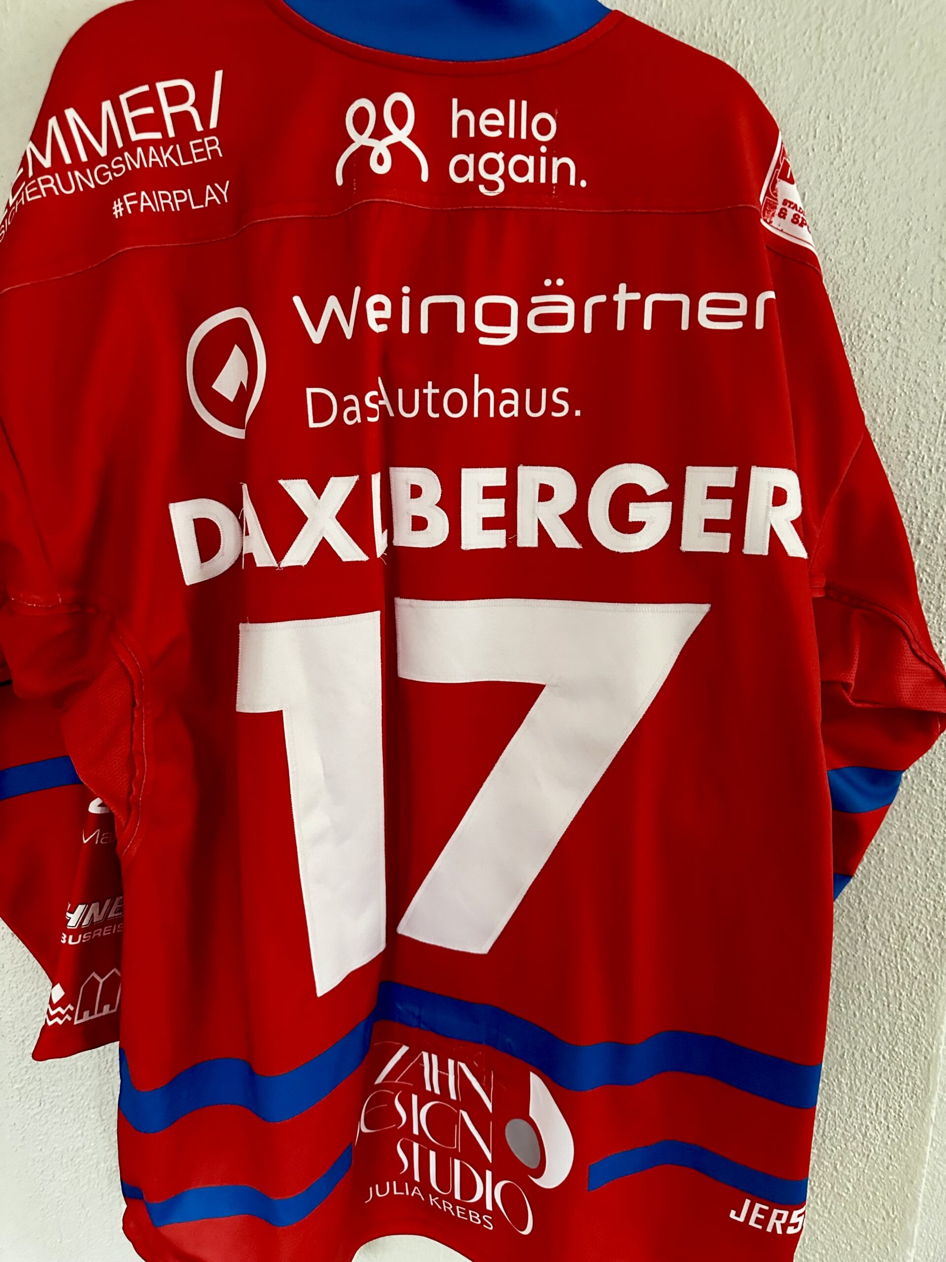 ECT: Original Spieler-Trikot Tölzer Löwen – 60 Jahre deutscher Meister – Home. #17, Dominik Daxlberger, Größe L.