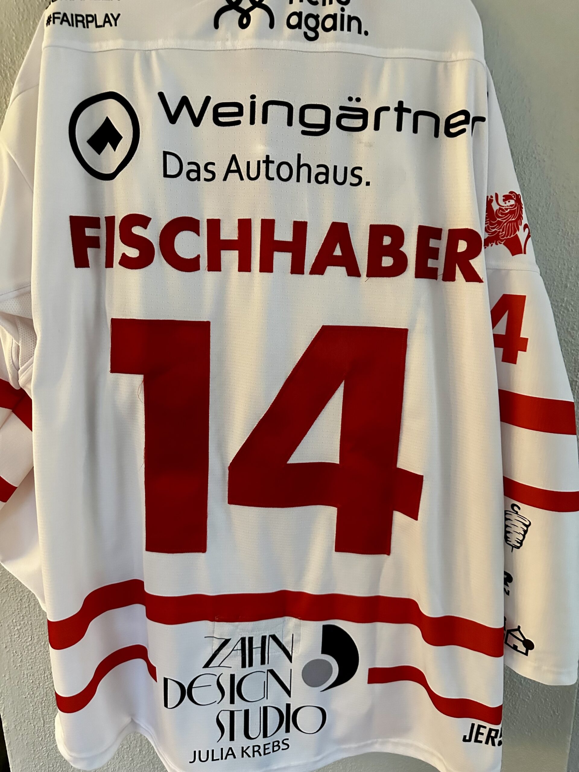 ECT: Original Spieler-Trikot Tölzer Löwen – 60 Jahre deutscher Meister – Away. #14, Christoph Fischhaber, Größe XL.