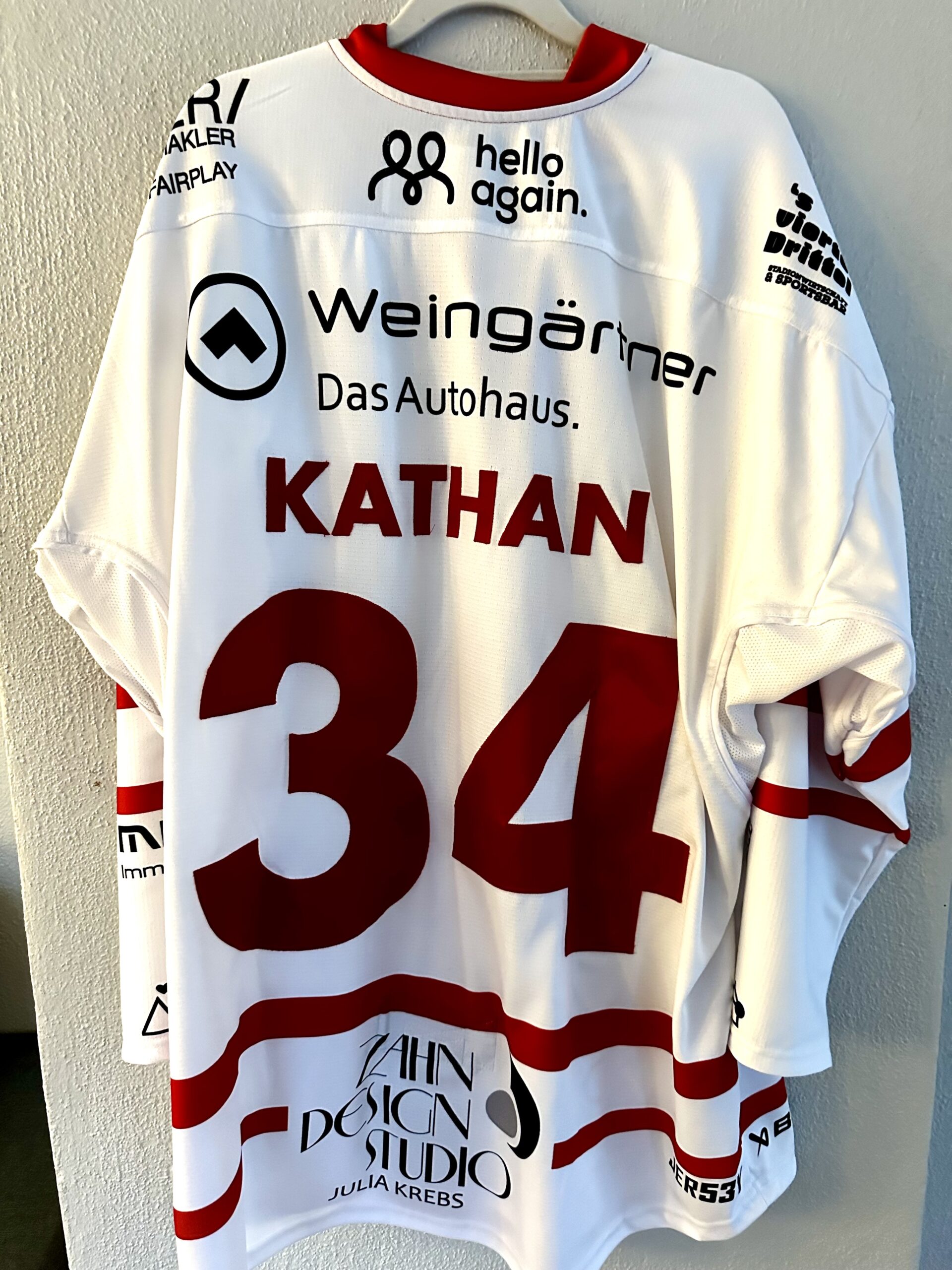 ECT: Original Spieler-Trikot Tölzer Löwen – 60 Jahre deutscher Meister – Away. #34, Kilian Kathan, Größe XL.