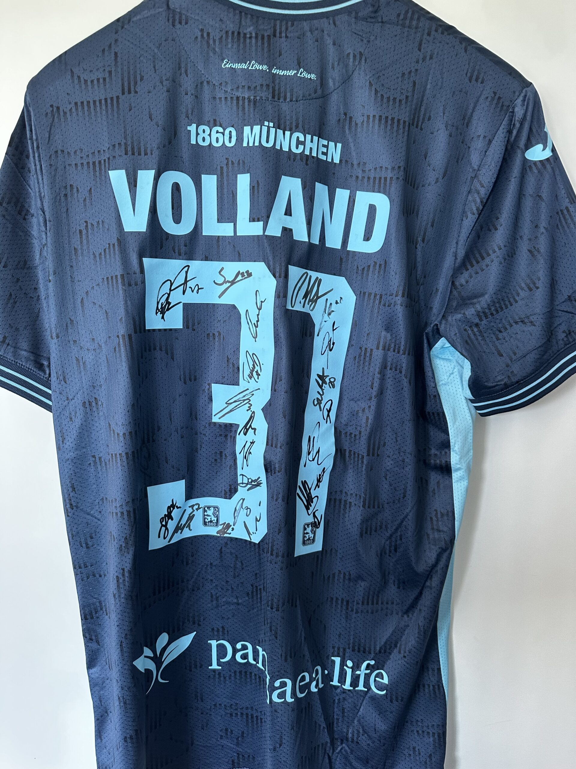1860: Autogrammtrikot Away mit Unterschriften der Profi-Mannschaft, #31 Volland, Größe L.